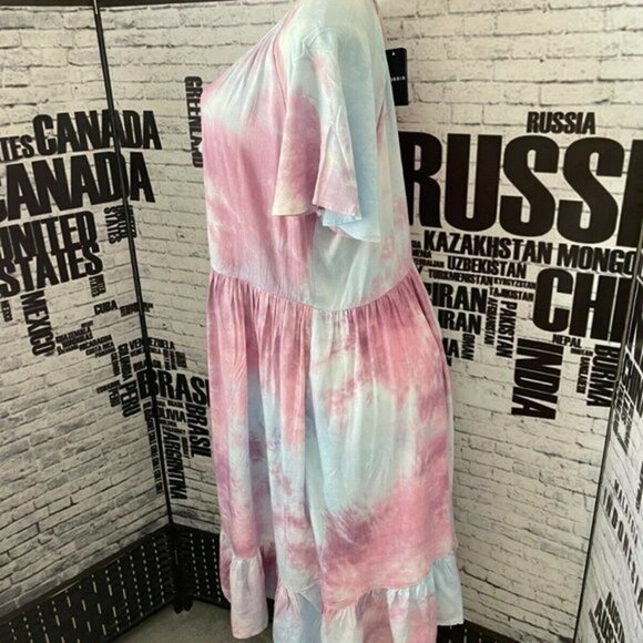 Torrid 0 Mauve Tie-Dye Lined Tie Tassel Neck Ruffle Hem Short Sleeve Dress - Picture 5 of 6